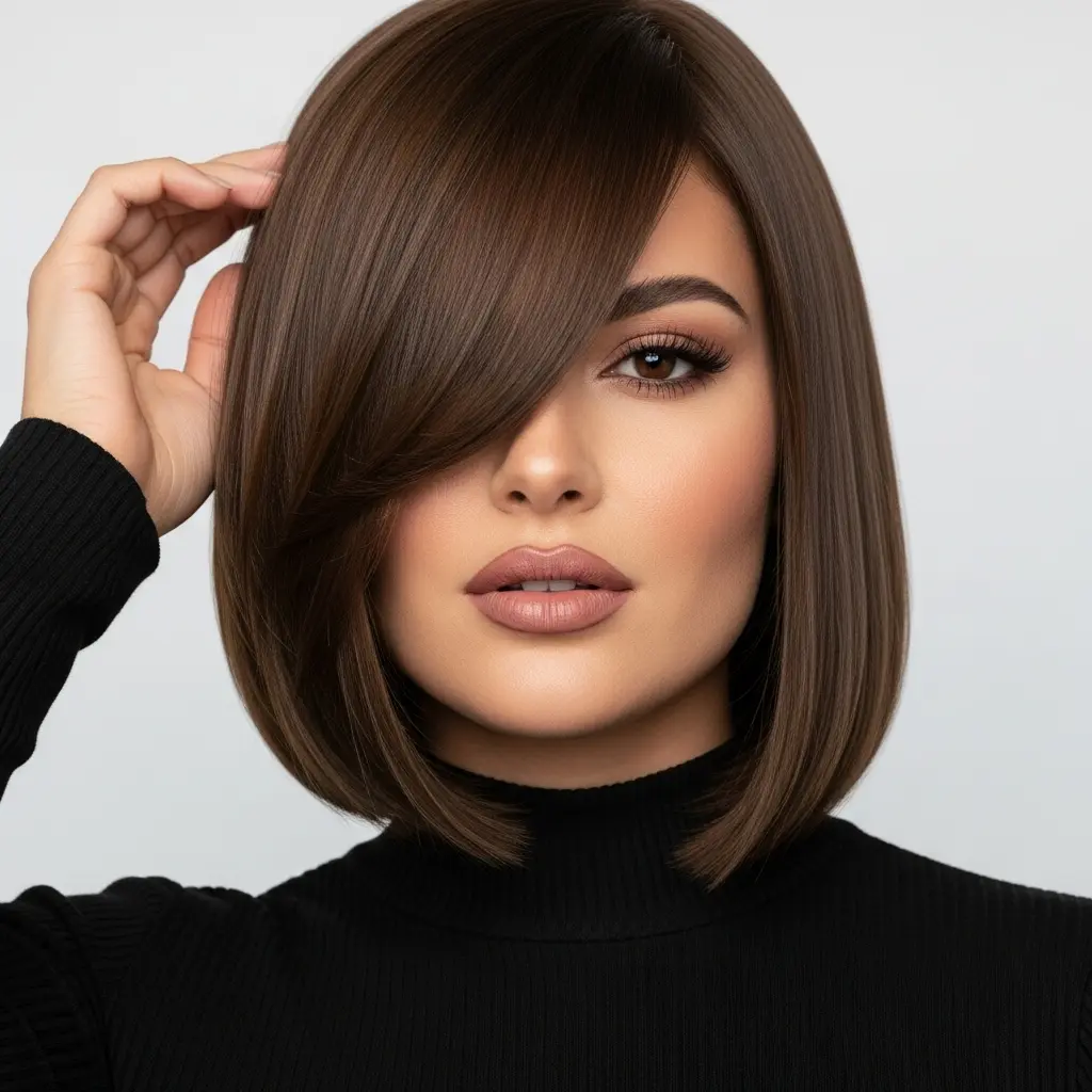 #8 Brunette Long Bob with Face-Framing Bangs