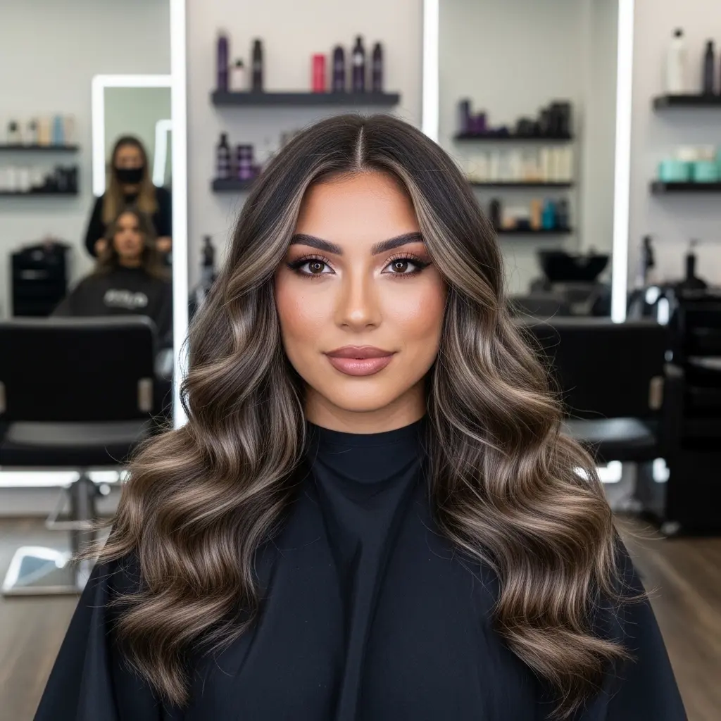 Smoky Taupe Long Face-Framing Balayage with Soft Waves