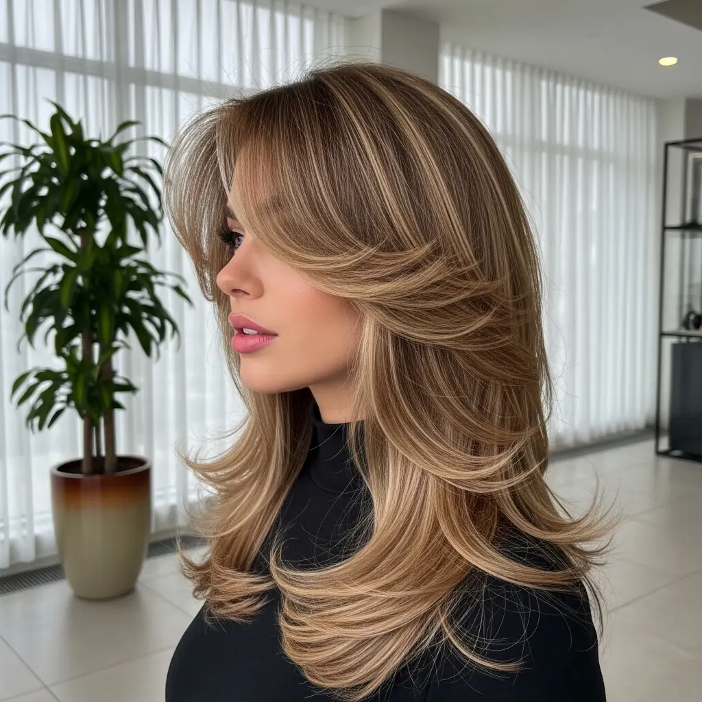 #1 Medium to Long Butterfly Layers and Bangs with Money Piece