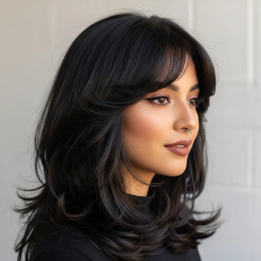 #1 Stylish Face-Framing Layers with Long Curtain Bangs