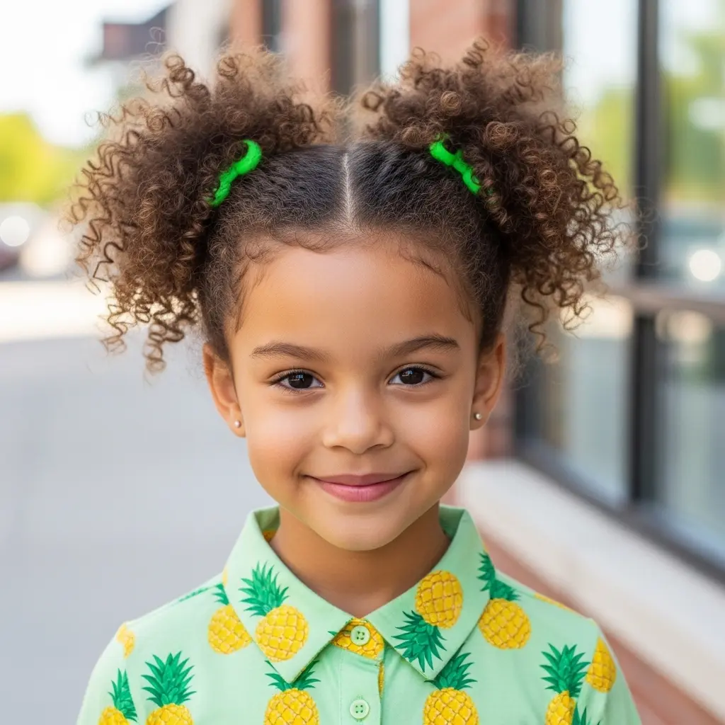 #10 Charming Double Bun Hairstyle with Fun Tropical Accents