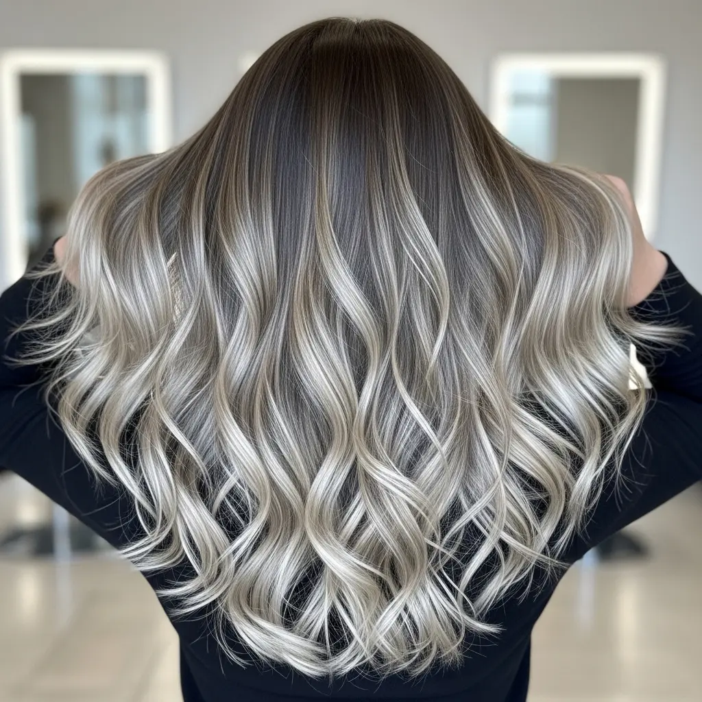 Long Voluminous Ash-Bronde Balayage with Face-Framing S-Waves