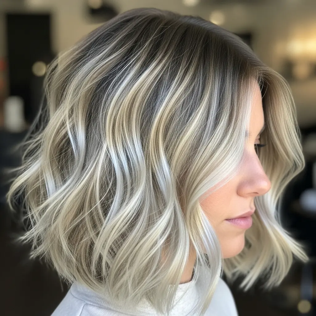 #13 Angled Wavy Bob with Blonde Highlights