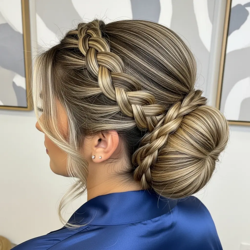 #13 Braided Low Updo with Caramel Balayage