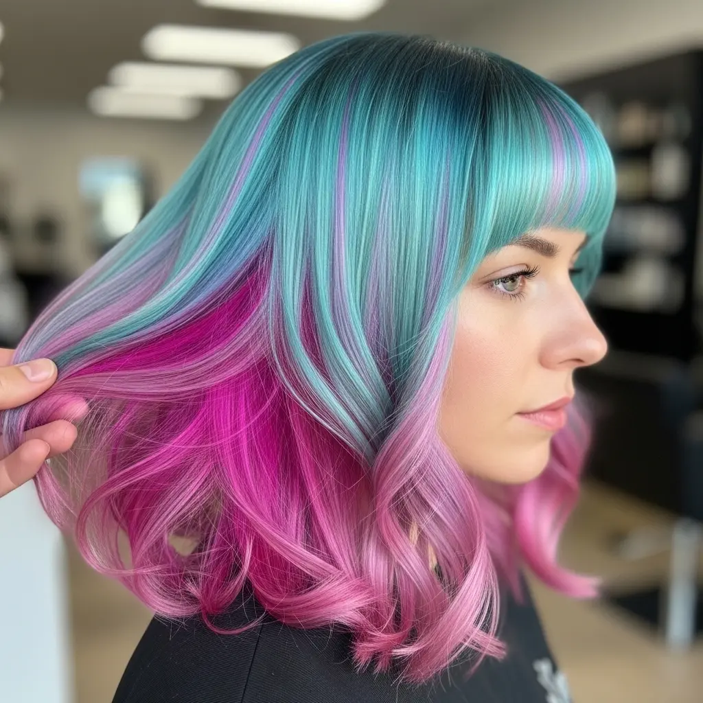 Teal to Magenta Peekaboo Lob with Blunt Curtain Bangs