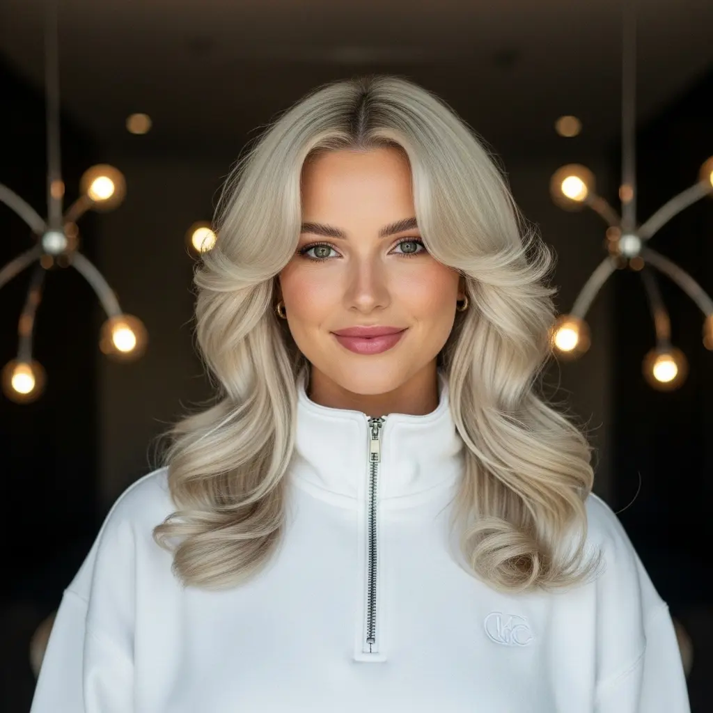 Long Blonde Curled Layers and Long Bangs