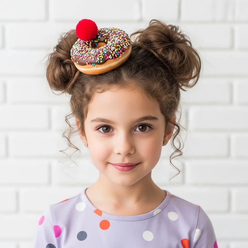 #24 Fun Curly Top Knot with Whimsical Donut Accent