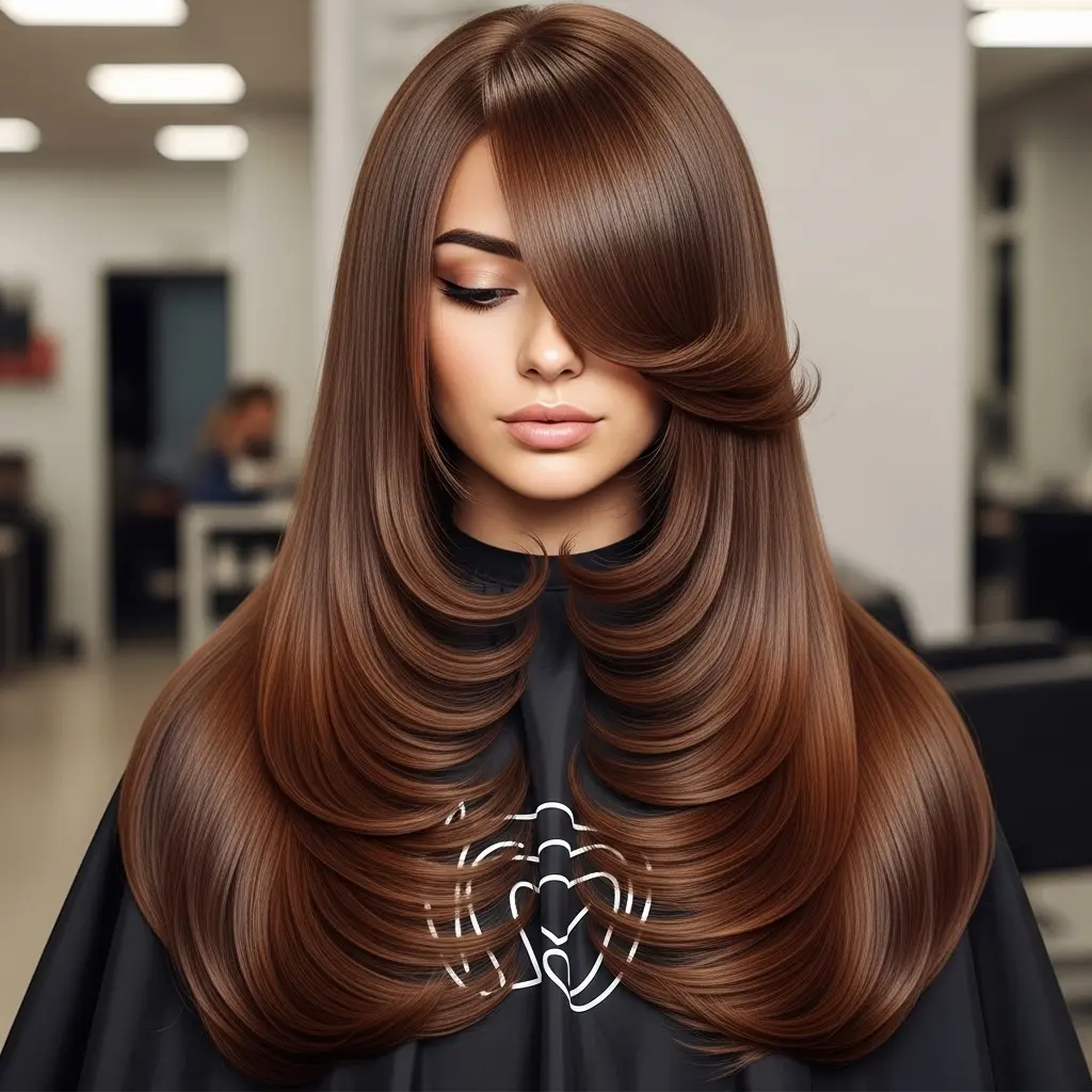 Long Face-Framing Layers with Smooth Brown Finish