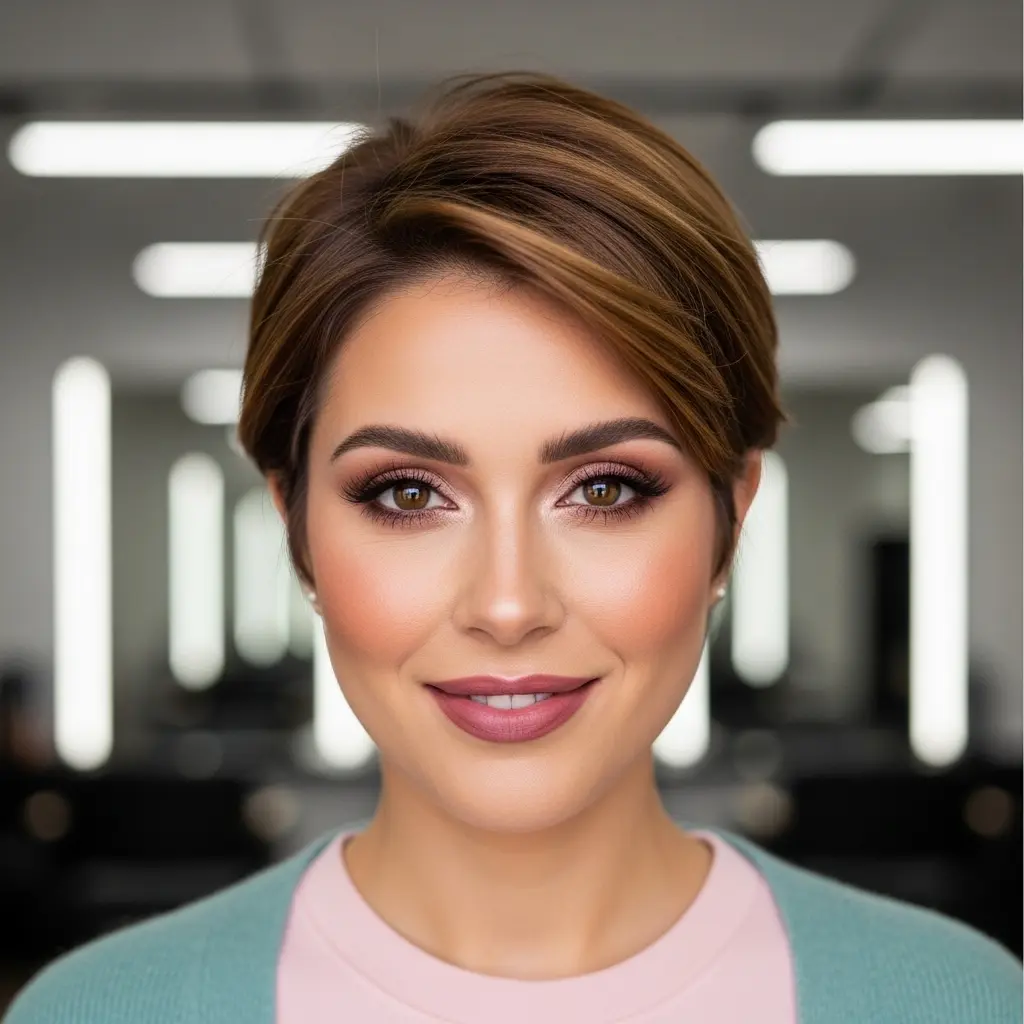 #4 Brunette Pixie with Crown Layers and Bangs