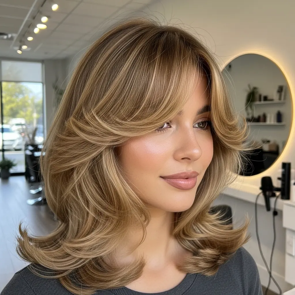 Beige-Latte Long Layers with Side-Swept Fringe and Feathered Flips