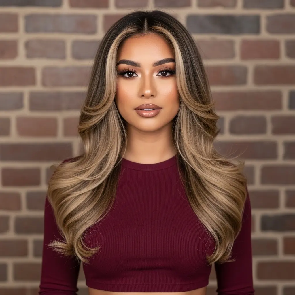 Long Layered Hair with Blonde Money Pieces