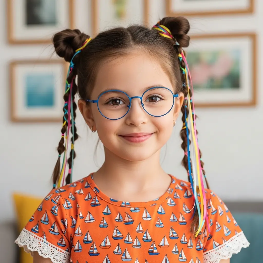 #8 Playful Double Bun Hairstyle with Colorful Ribbons