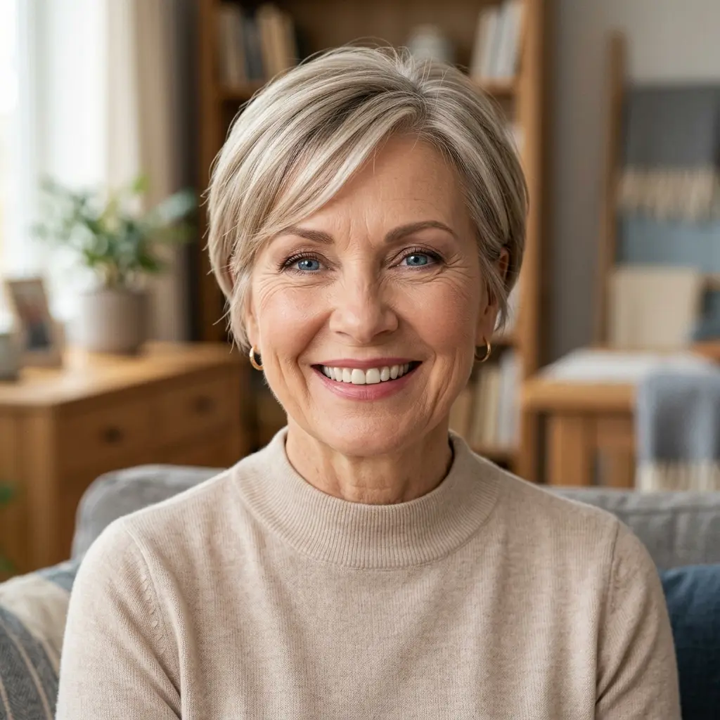 #1 Soft Pixie with Side Bangs on Older Women