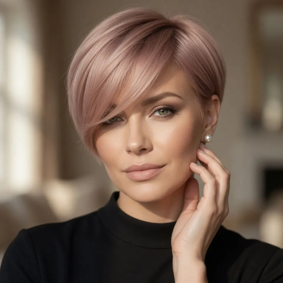 #10 Rose-Beige Long Pixie with Rounded Crown and Side-Swept Fringe