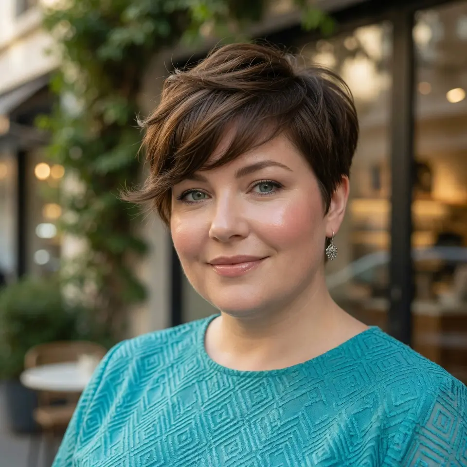#10 Shaded Brown Long Pixie with Feathered Side Fringe and Lifted Crown