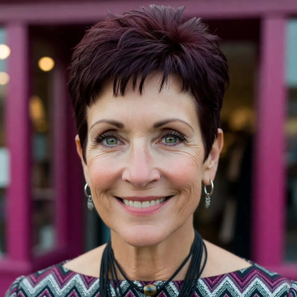 #11 Short Layered Burgundy Pixie with Soft Micro-Fringe and Crown Lift
