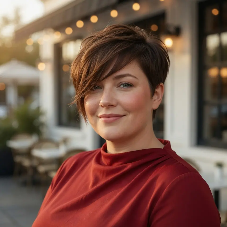 #12 Chestnut Asymmetrical Long Pixie with Feathered Crown and Stacked Nape