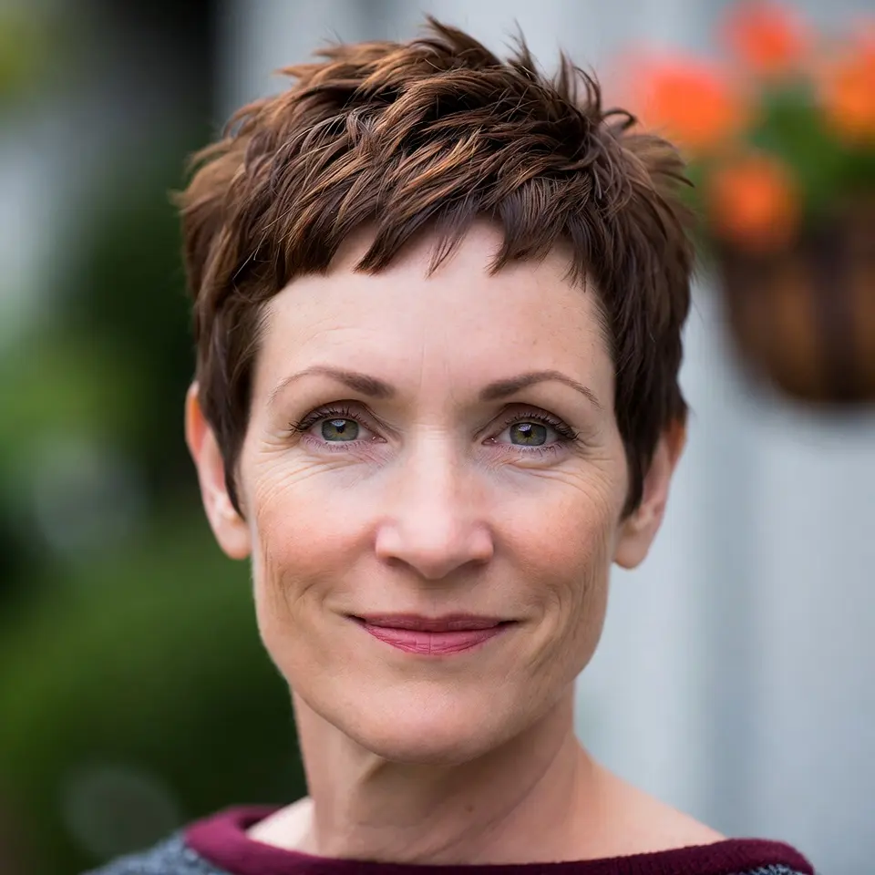 #13 Textured Chestnut Pixie Shag with Tapered Side Micro-Fringe