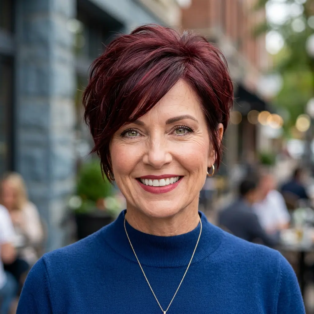 #13 Plum Feathered Long Pixie with Textured Crown and Side Fringe