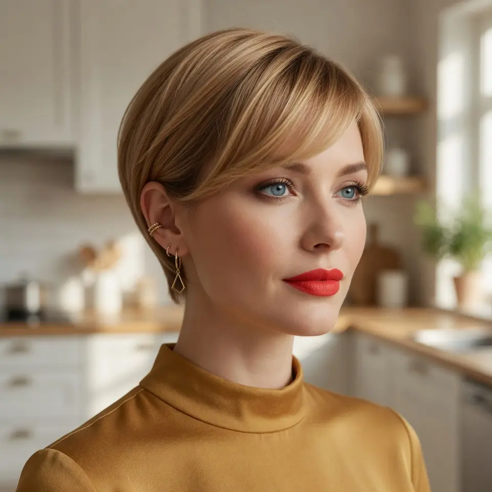 #13 Golden Blonde Pixie Cut with Side-Swept Bangs