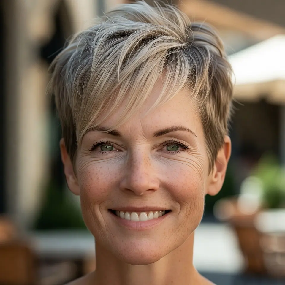 #15 Soft Layered Ash-Blonde Pixie Shag with Side-Swept Micro Fringe