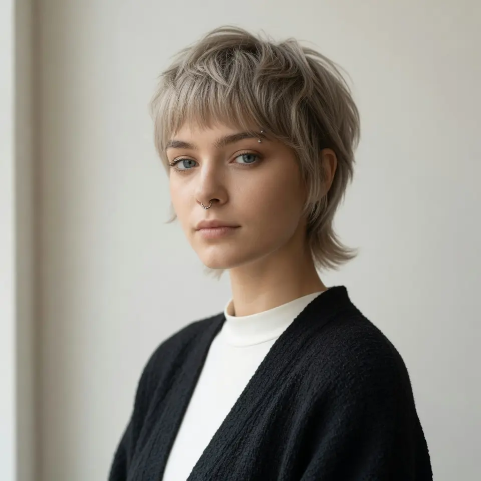 #15 Ash Blonde Shaggy Long Pixie with Feathered Fringe