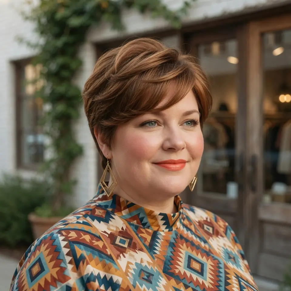 #15 Warm Copper Layered Long Pixie with Side-Swept Fringe