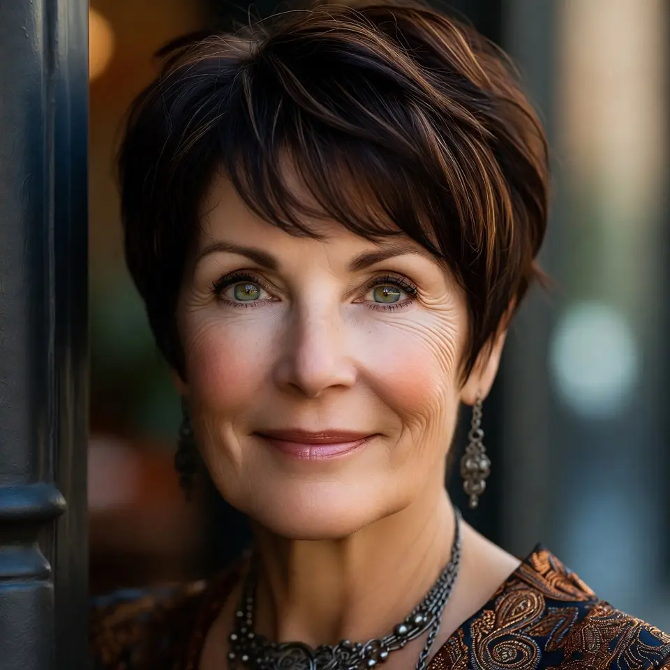 #16 Short Layered Chestnut Pixie with Wispy Fringe and Face-Framing Layers