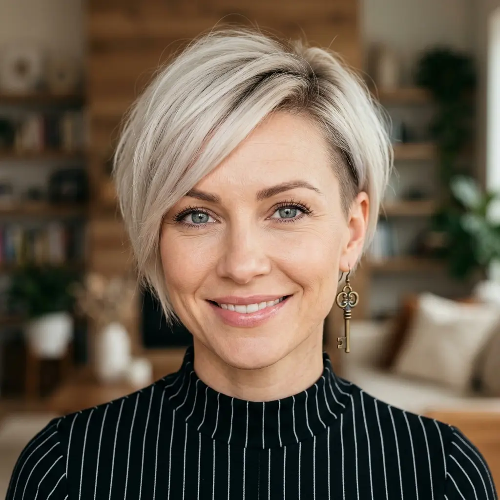 #16 Chic Textured Long Pixie with Lifted Razored Crown and Side Fringe