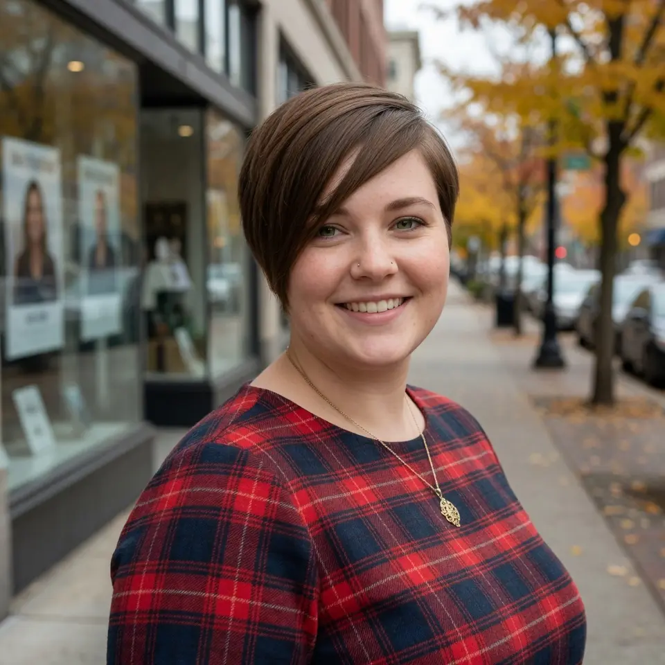 #2 Asymmetrical Chestnut Long Pixie with Graduated Nape