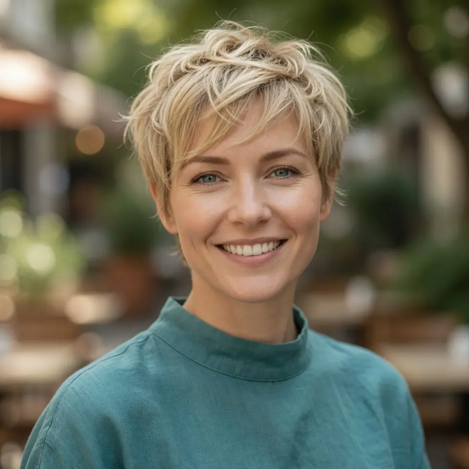 #3 Textured Blonde Long Pixie with Feathered Top and Root Shadow