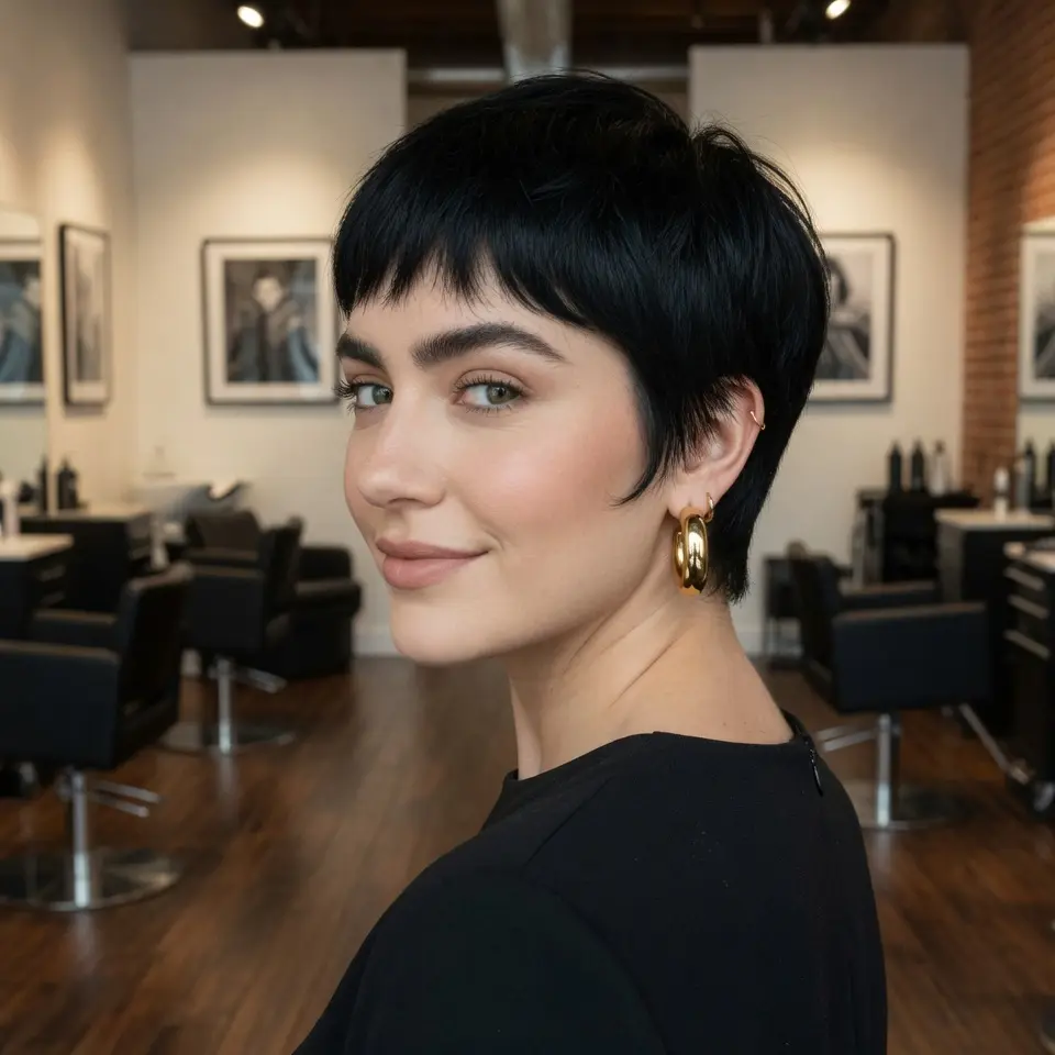 #5 Glossy Black Long Pixie with Cropped Micro Bangs