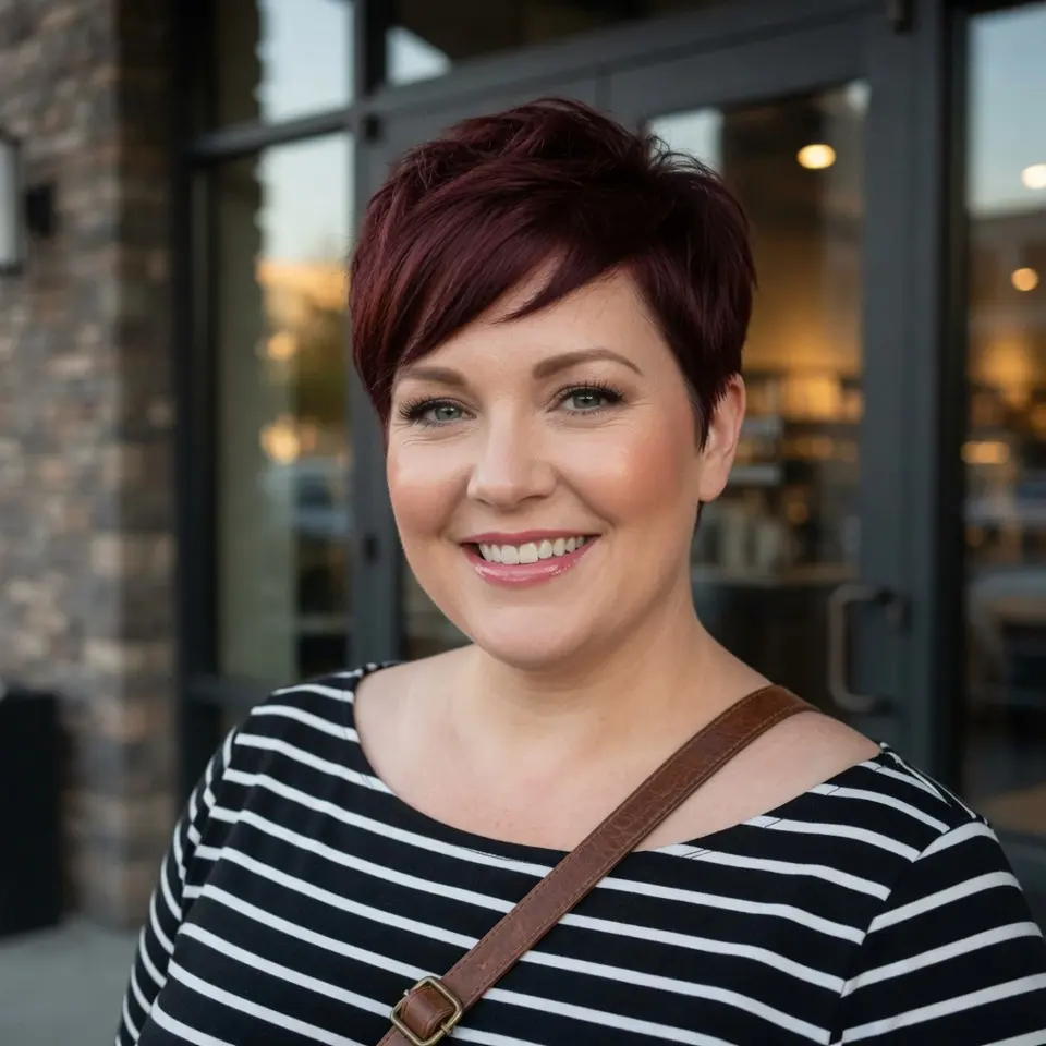 #6 Rich Berry Long Pixie with Diagonal Side Sweep and Tapered Nape