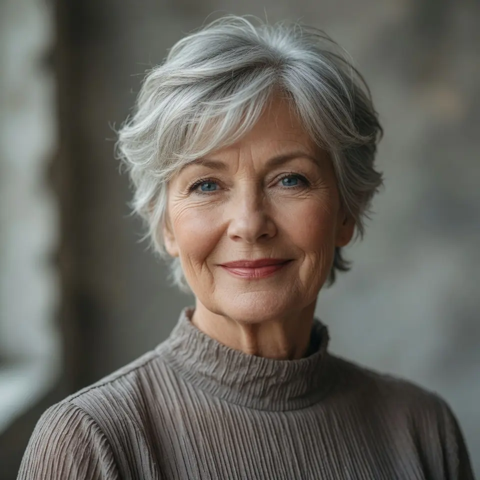 #7 Textured Silver Pixie Shag with Soft Side-Swept Fringe