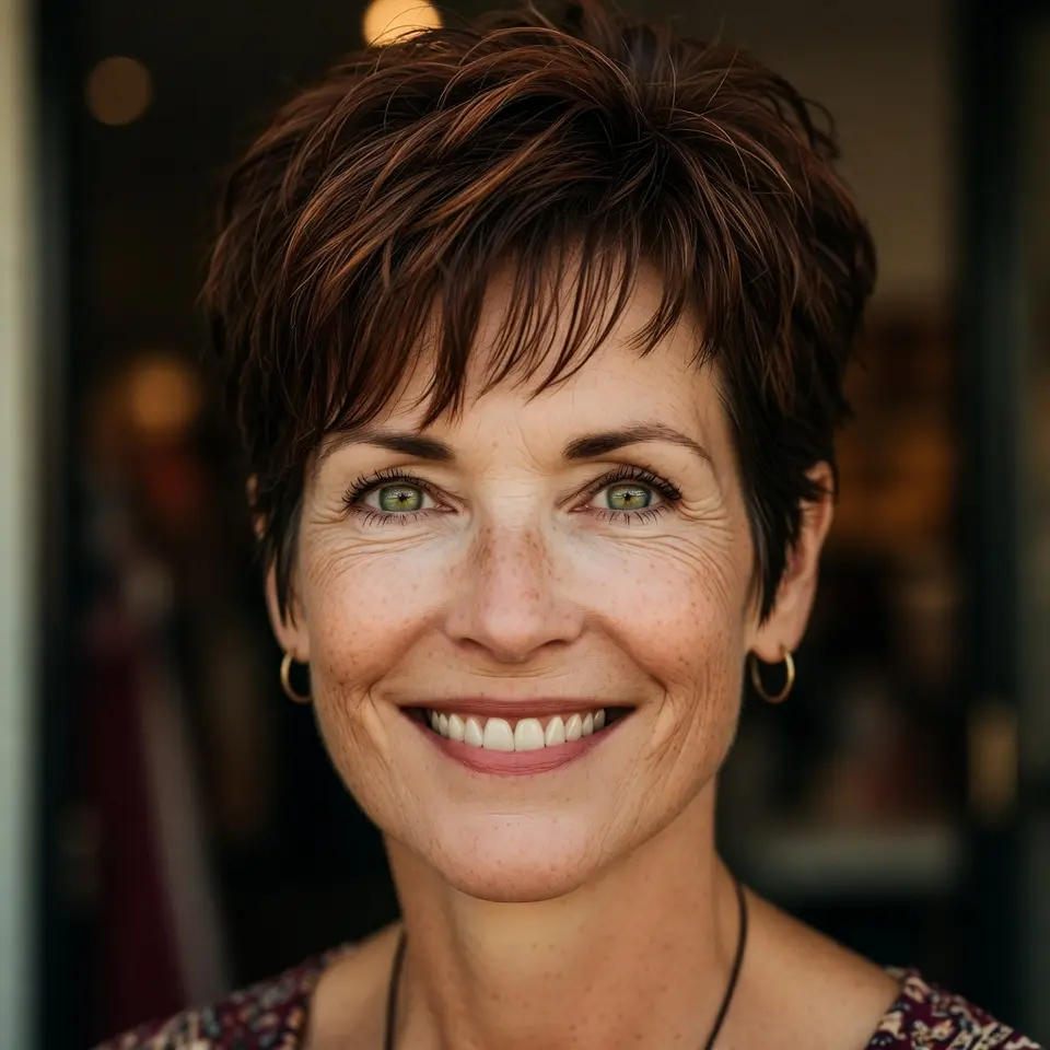 #8 Lightly-Razored Chestnut Pixie Shag with Lifted Crown