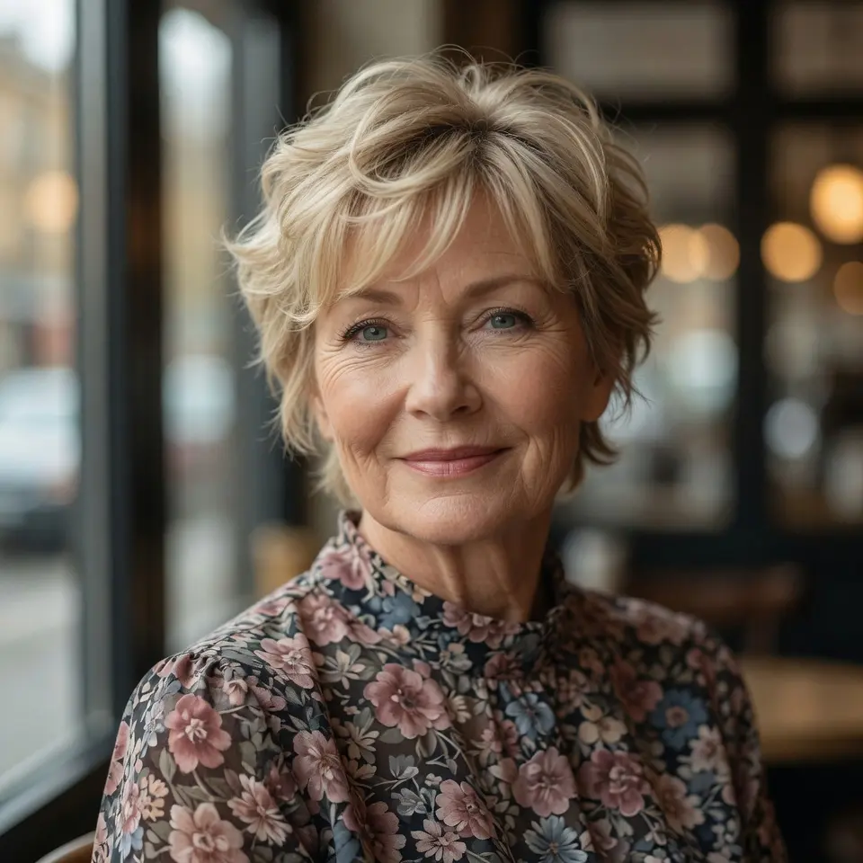 #8 Champagne Blonde Pixie Shag with Feathered Crown and Side-Swept Fringe