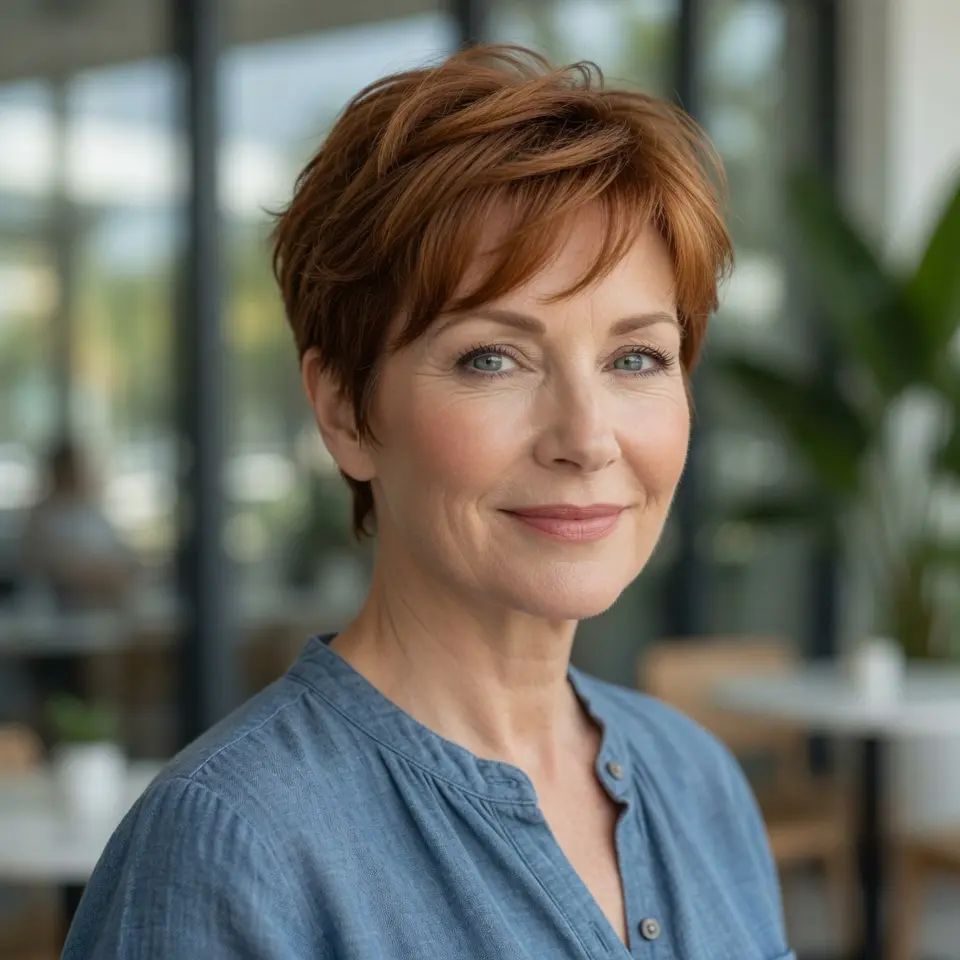 #9 Warm Auburn Short Textured Pixie with Wispy Micro-Fringe