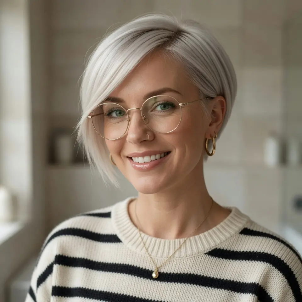 #9 Icy Platinum Long Pixie with Side-Swept Weight Line