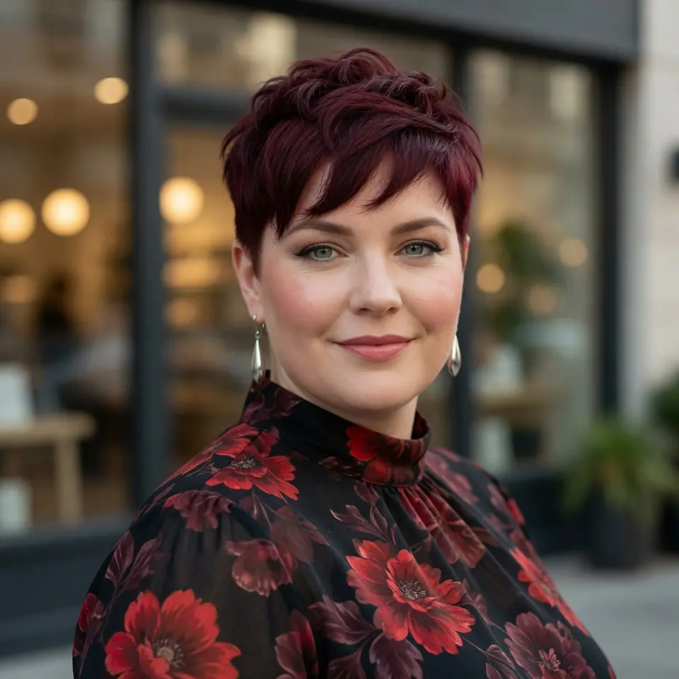 #9 Burgundy Textured Long Pixie with Feathered Micro-Fringe and Tapered Nape
